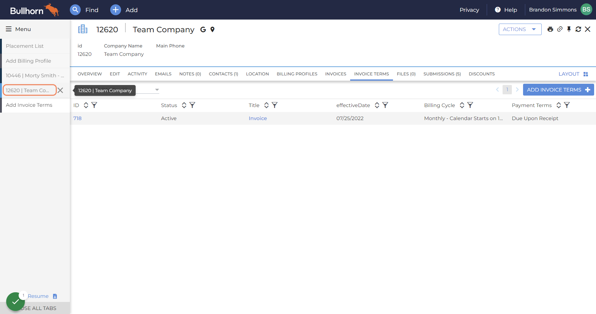Open a Company Record in Bullhorn & Click "Invoice Terms"