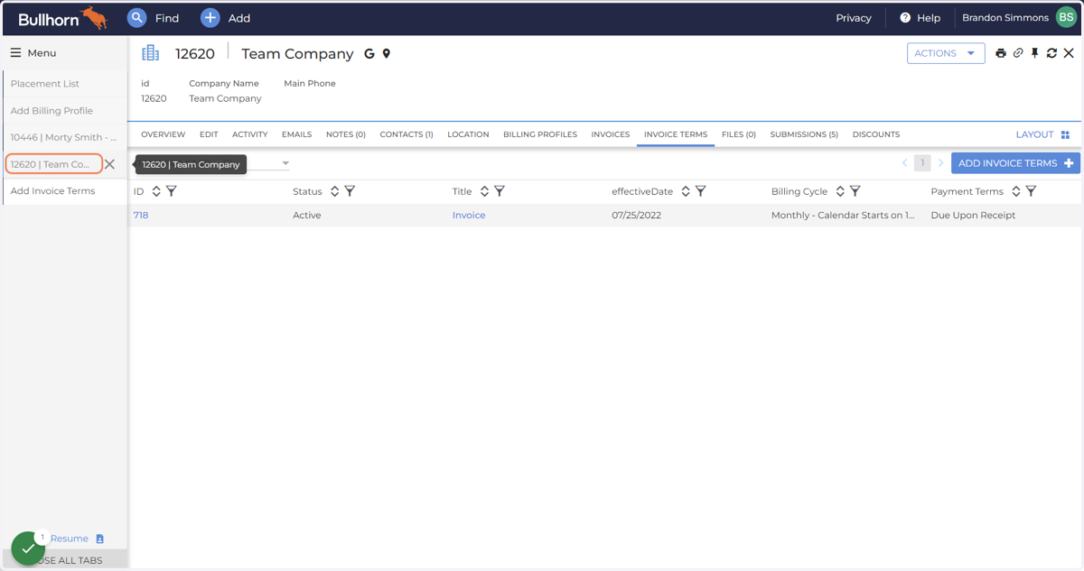 Open a Company Record in Bullhorn & Click "Invoice Terms"