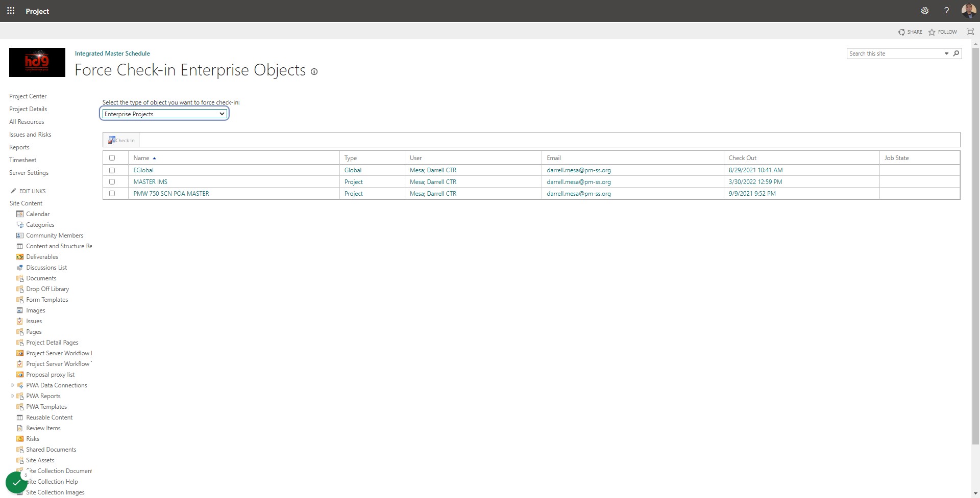 The default type of enterprise object is Enterprise Projects, but you can use the drop-down to change what type of enterprise object you want to check in.