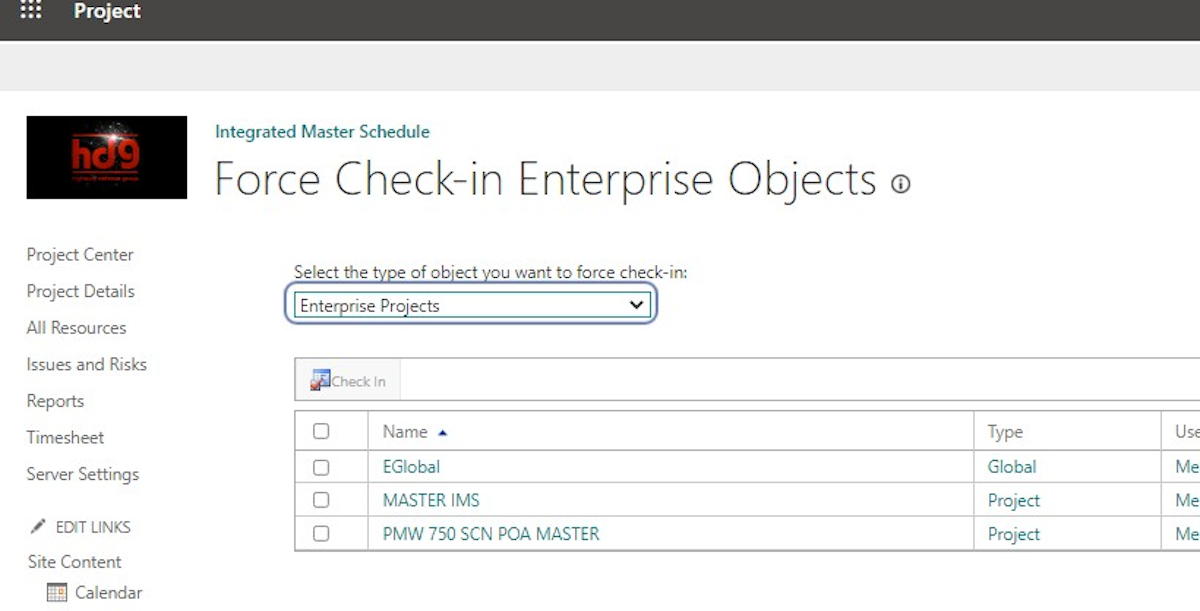 The default type of enterprise object is Enterprise Projects, but you can use the drop-down to change what type of enterprise object you want to check in.