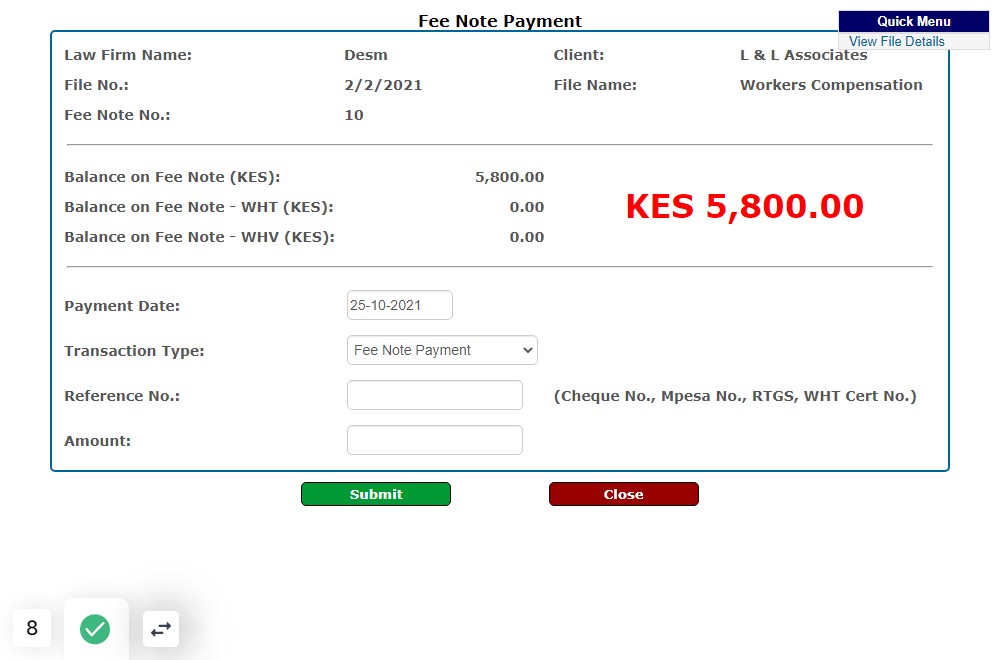 A fee note payment form will pop out with the payment details