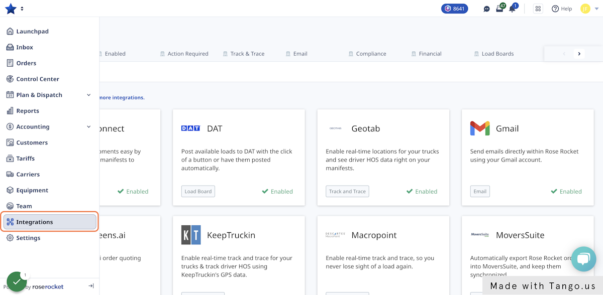 Go to the Integrations page in Rose Rocket.