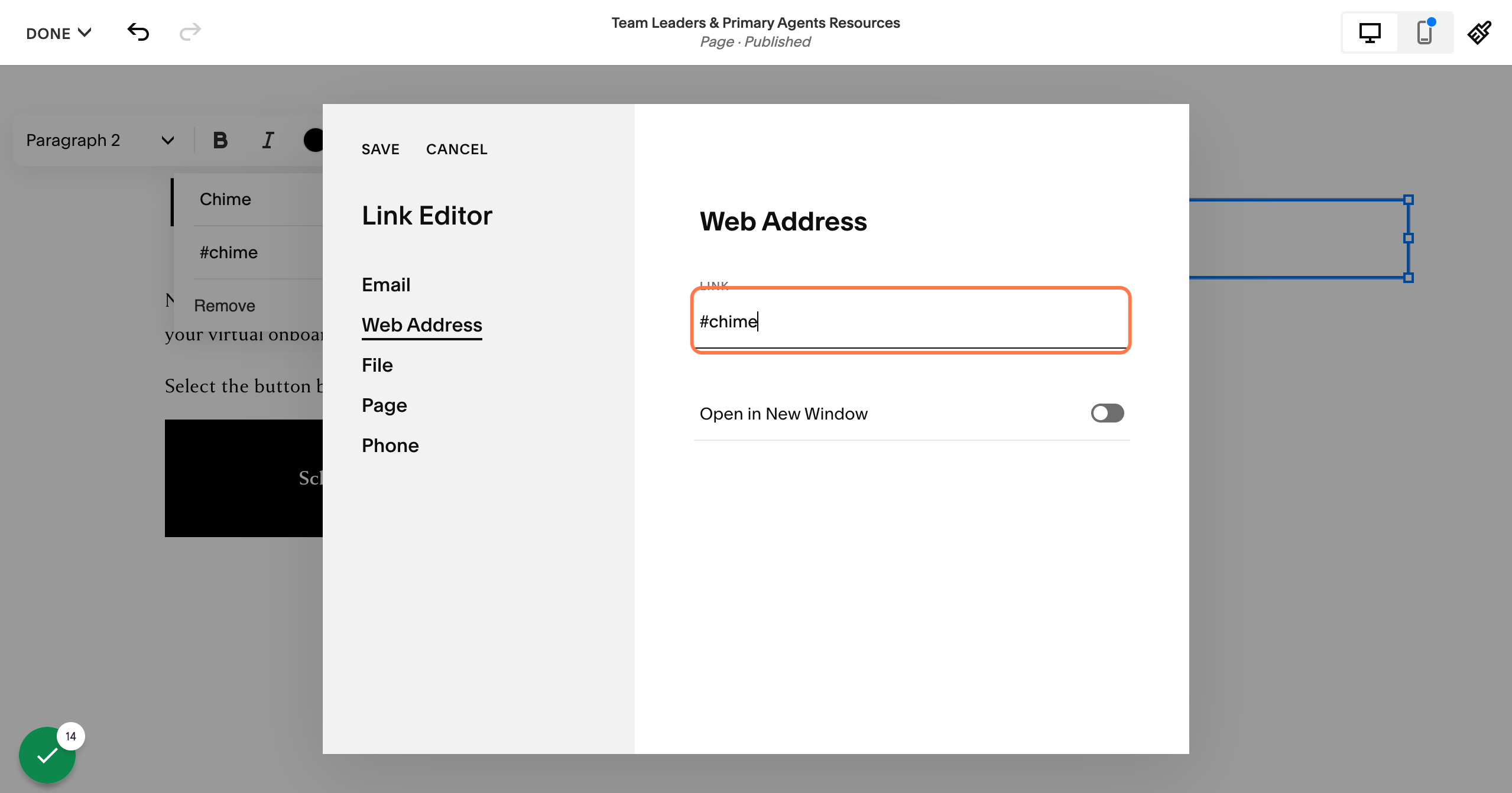 Enter # and the name of the anchor from previous step (Example: "#chime")