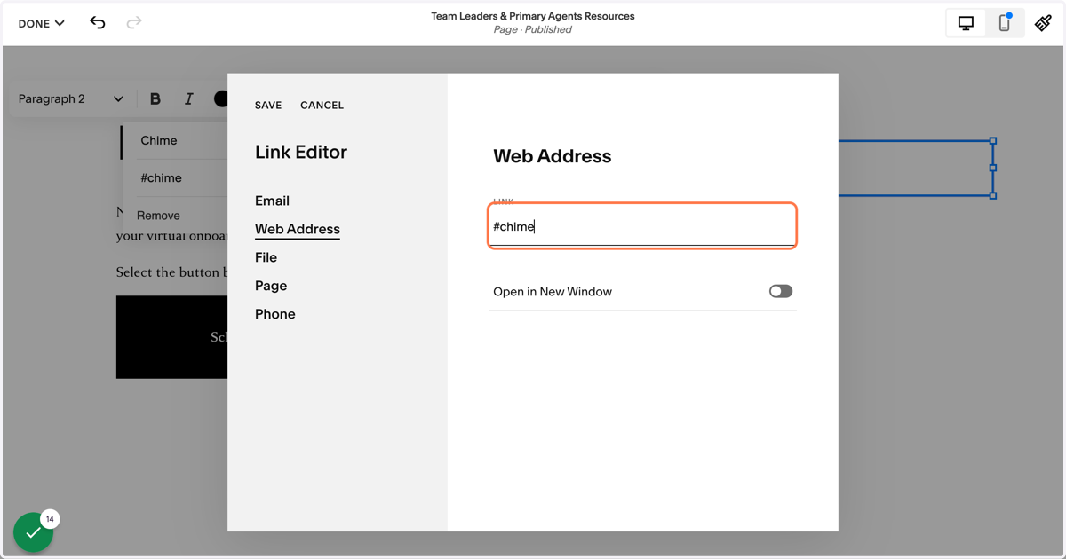 Enter # and the name of the anchor from previous step (Example: "#chime")