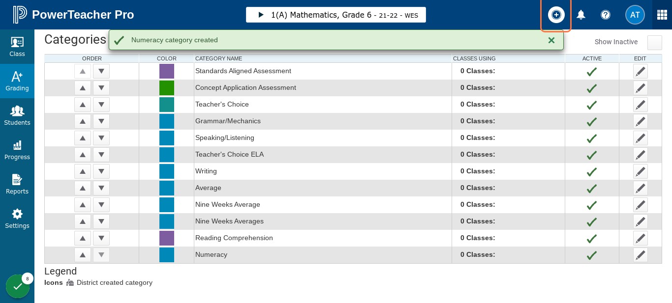 Click on the Create (plus sign) icon to create additional categories as needed for this class