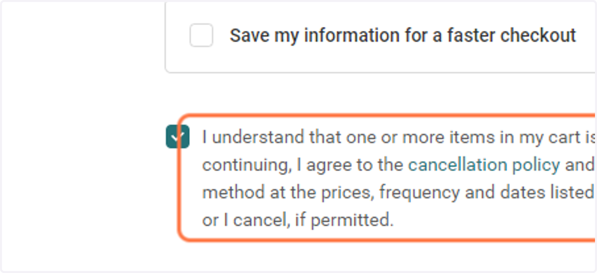Check "I understand that one or more items in my cart is a deferred or recurring purchase. By continuing, I agree to the …"