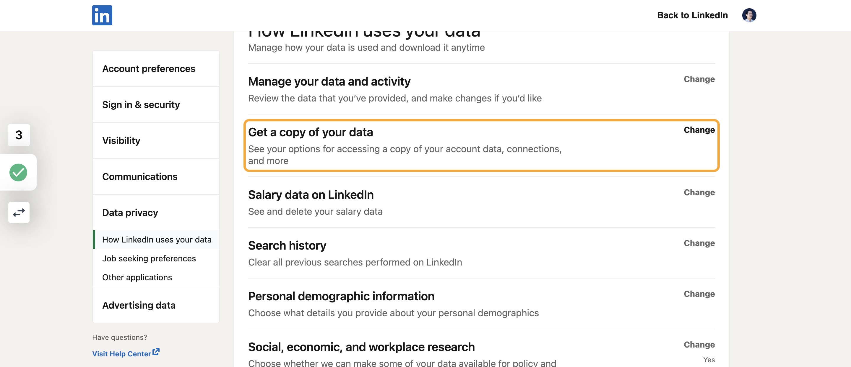 Click on Get a copy of your data