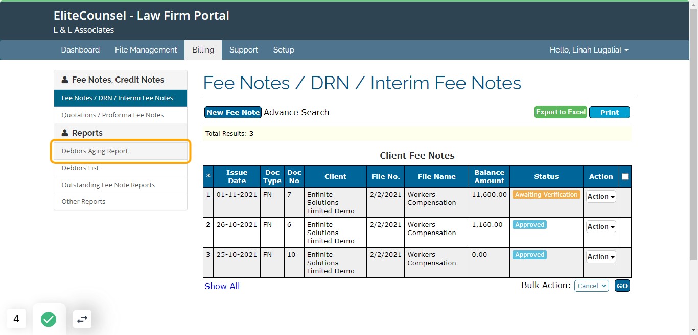 To view i.e. Debtors Aging Report click on Debtors Aging Report option
