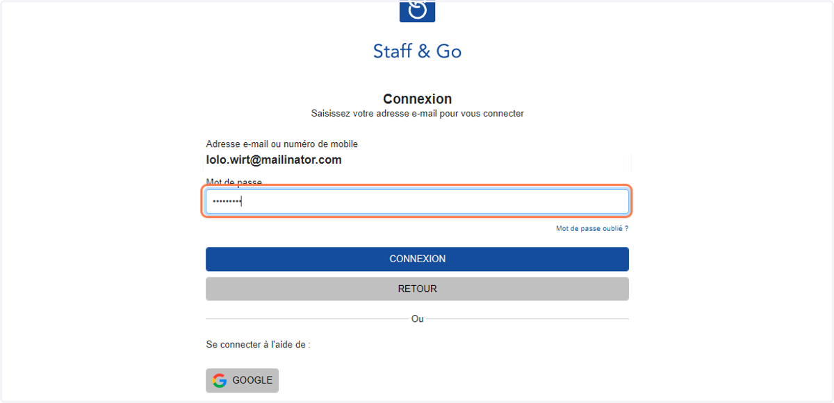 Pour vous connecter sur Staff & Go, utilisez la nouvelle adresse email