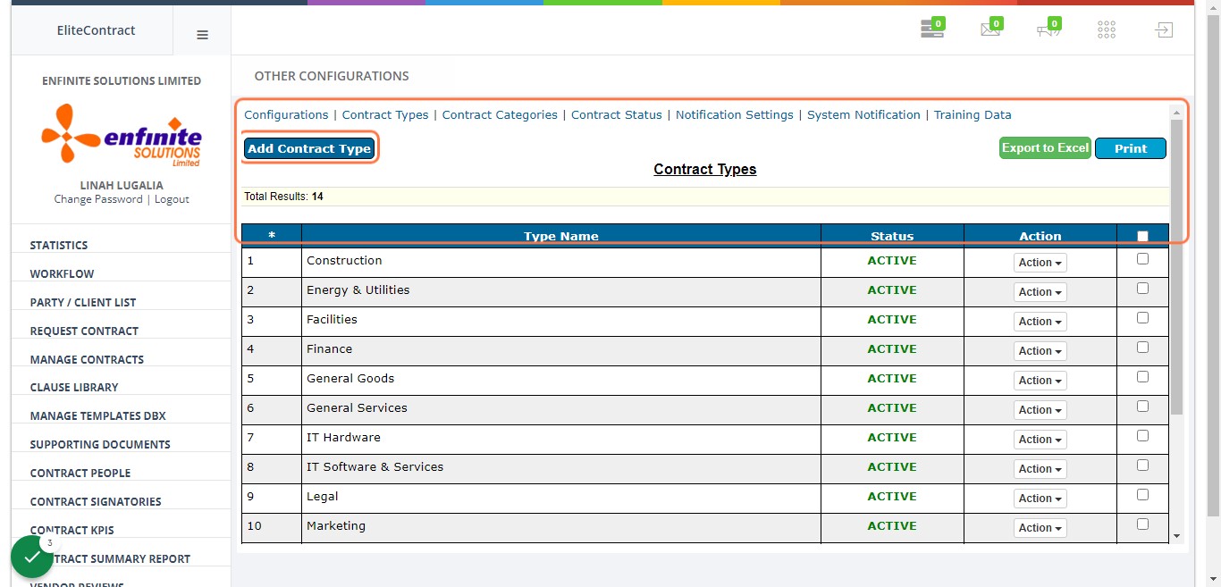 To view a list of all contracts types captured in the system. Click on Add Contract Type button to add a contract type