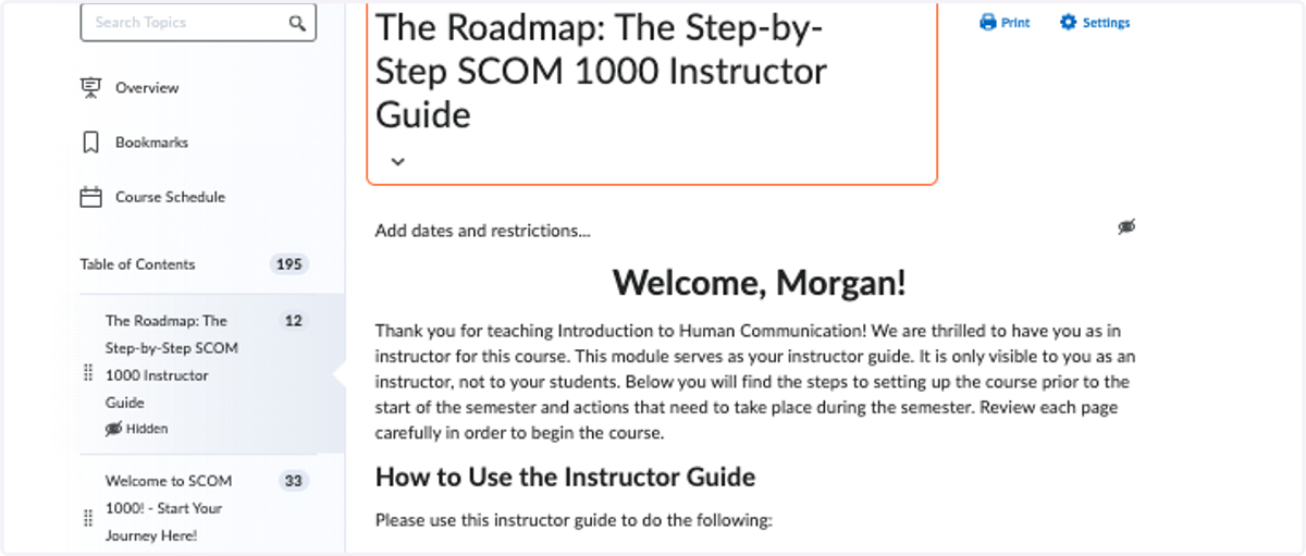 Instructor Support: Instructor Guide with key setup and delivery instructions for part-time instructors