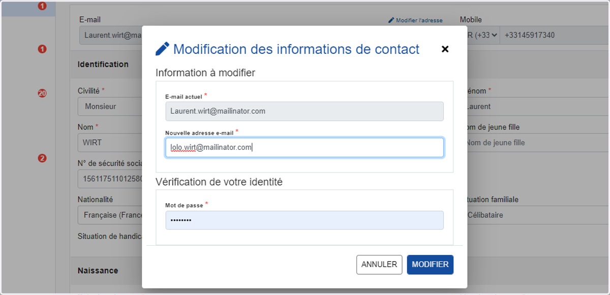 Taper la nouvelle adresse email