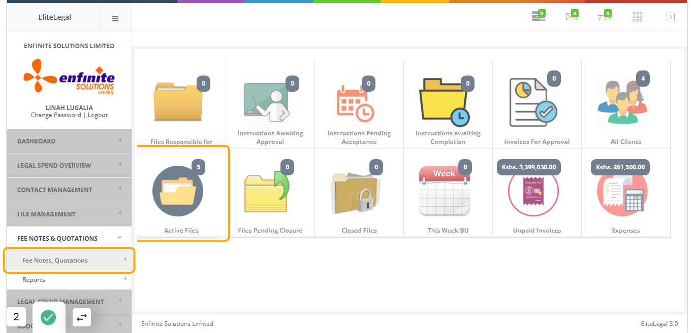 Click on Fee Notes, Quotations sub module link