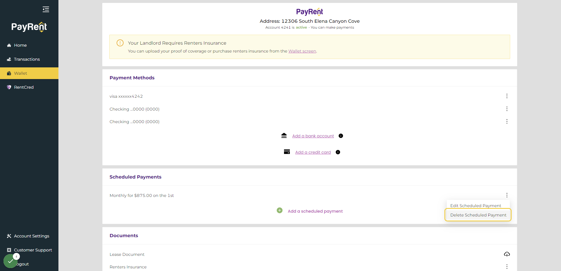 Click on Delete Scheduled Payment