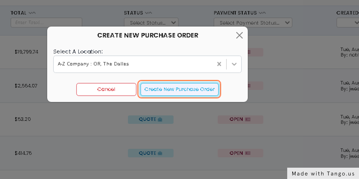 Select Create New Purchase Order