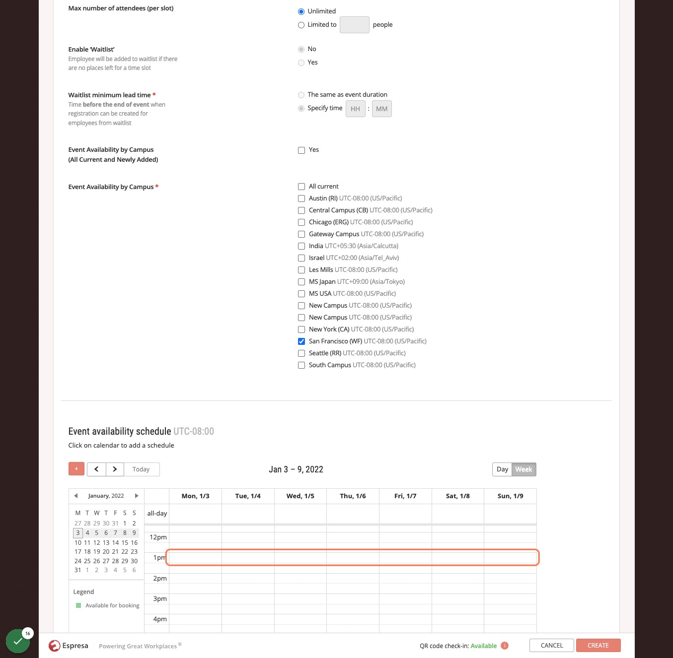 Click on the Event Availability schedule to set the event date/time