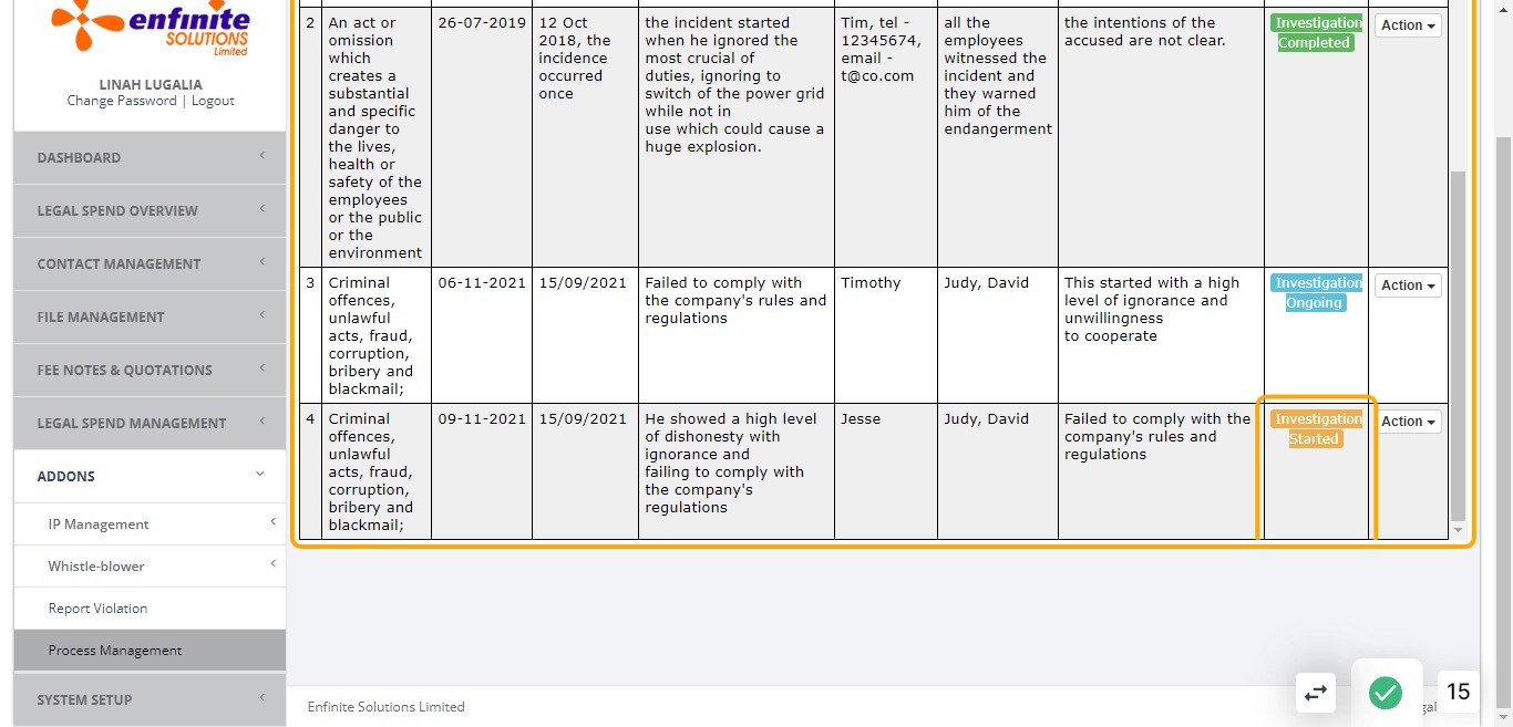The violation status will read Investigation started as shown in the example below which awaits recommendations from other departments