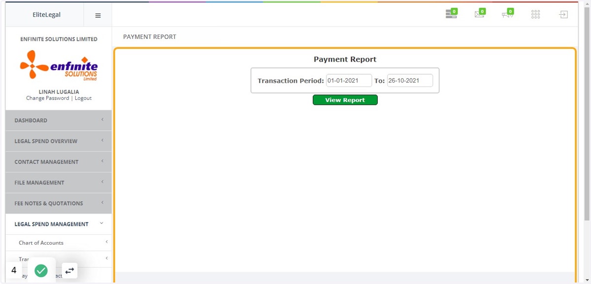 Fill in the details in the pop out Payment Report form i.e. Transaction period