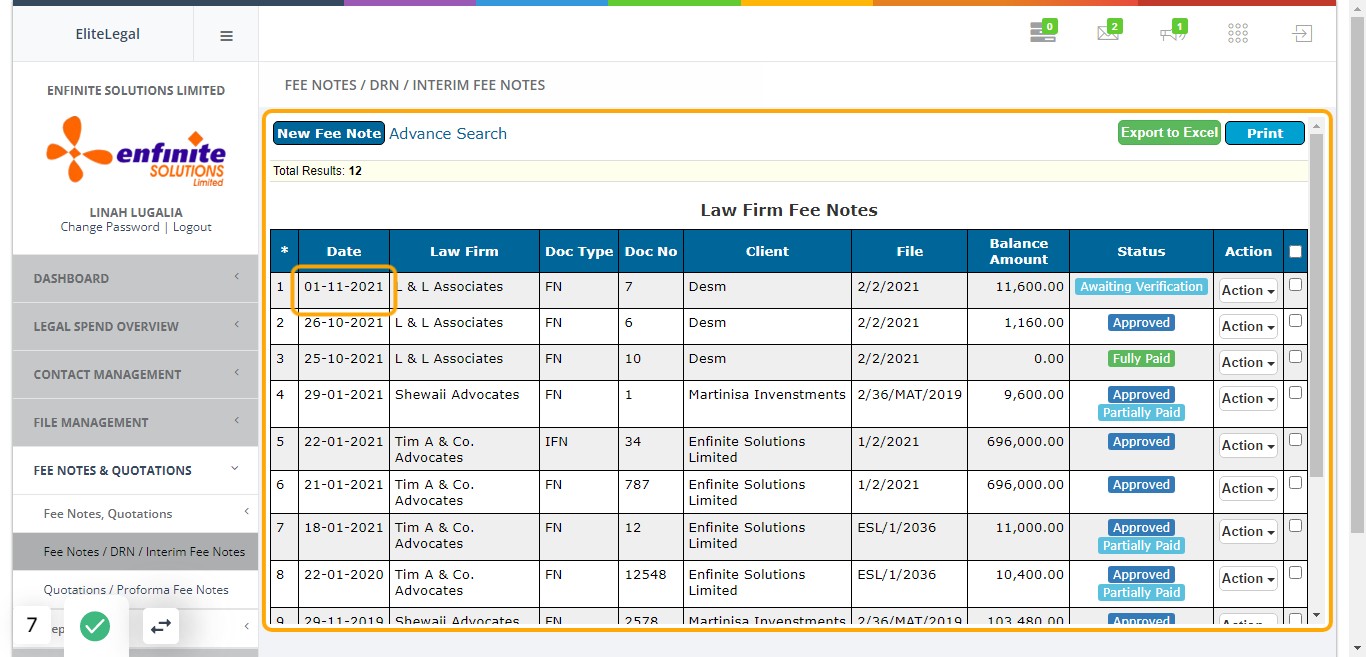 Go to the specific fee note you wish to verify with (Awaiting Verification) status