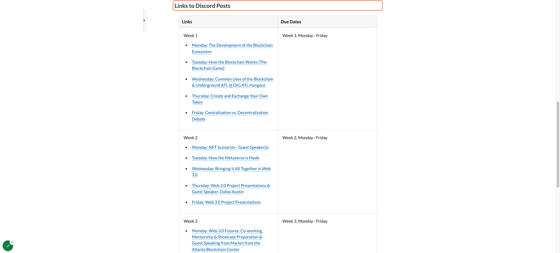 Easy access links to each assignment