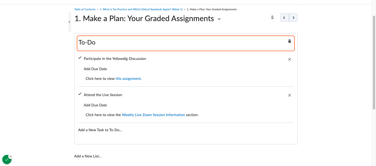 Module Component 2: Weekly checklist with information on graded assignments