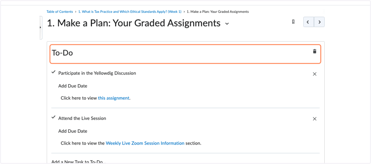 Module Component 2: Weekly checklist with information on graded assignments