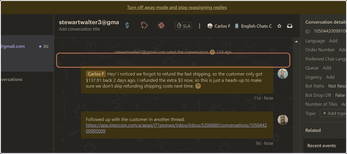 Copy the string of numbers at the end of the URL (this is the conversation ID!) Keep the conversation open for context