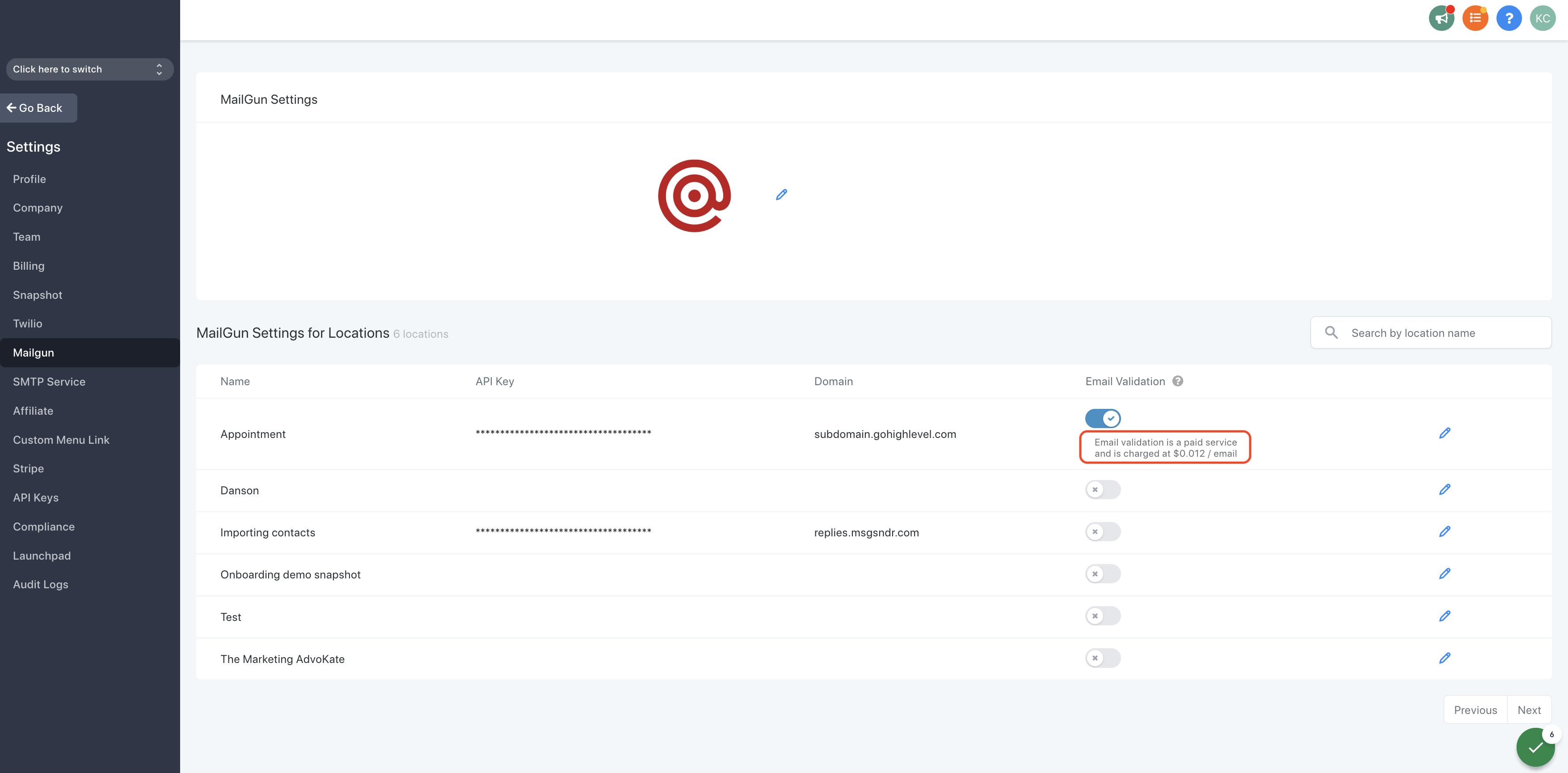 Click on Email validation is a paid service and is charged at $0.012 / email