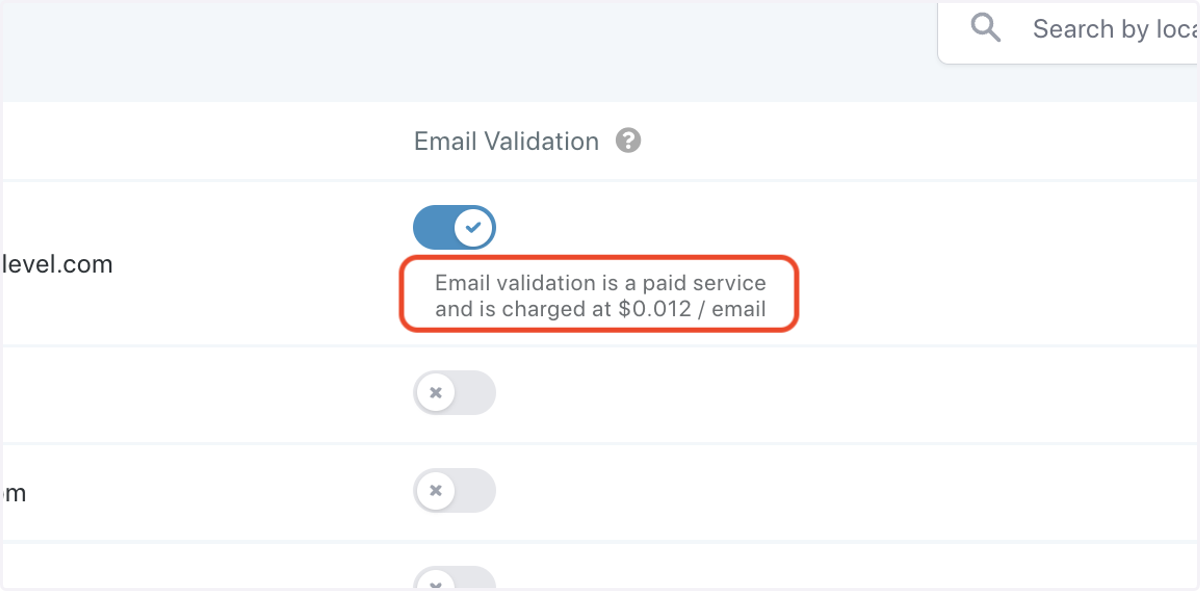 Click on Email validation is a paid service and is charged at $0.012 / email