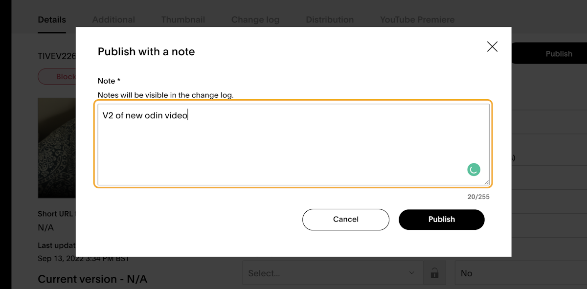 Type out the note that you wish to appear in the change log 