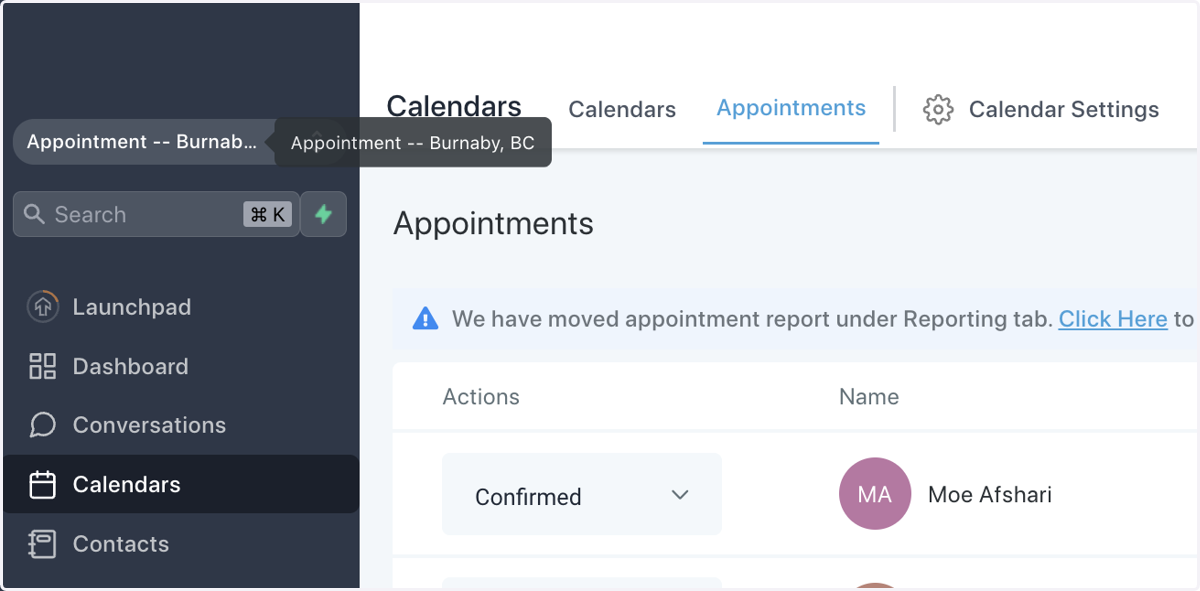 Click on Appointment -- Burnaby, BC