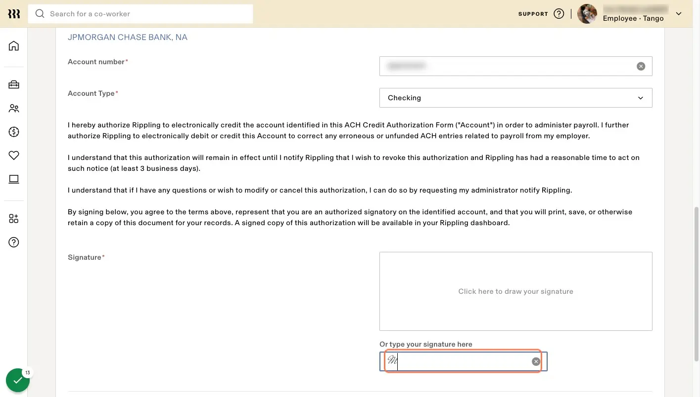 Sign your name to authorize Rippling to disburse funds to your account.