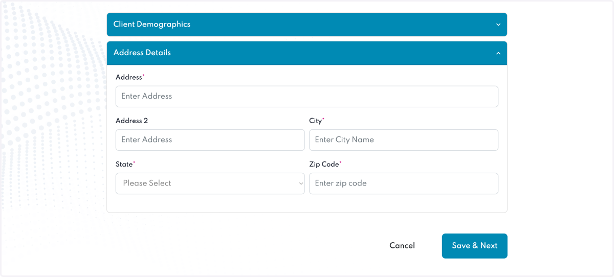 Step 1: Client Details - Fill out Address Details next