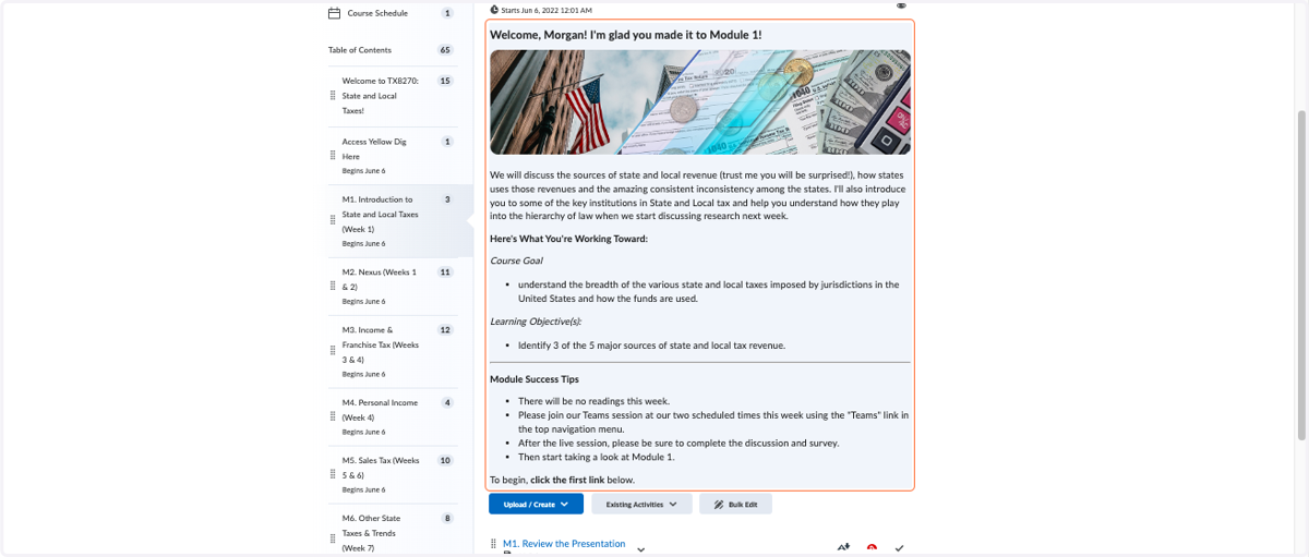 Module Descriptions: Templated format includes overview information, goals, outcomes and module success tips