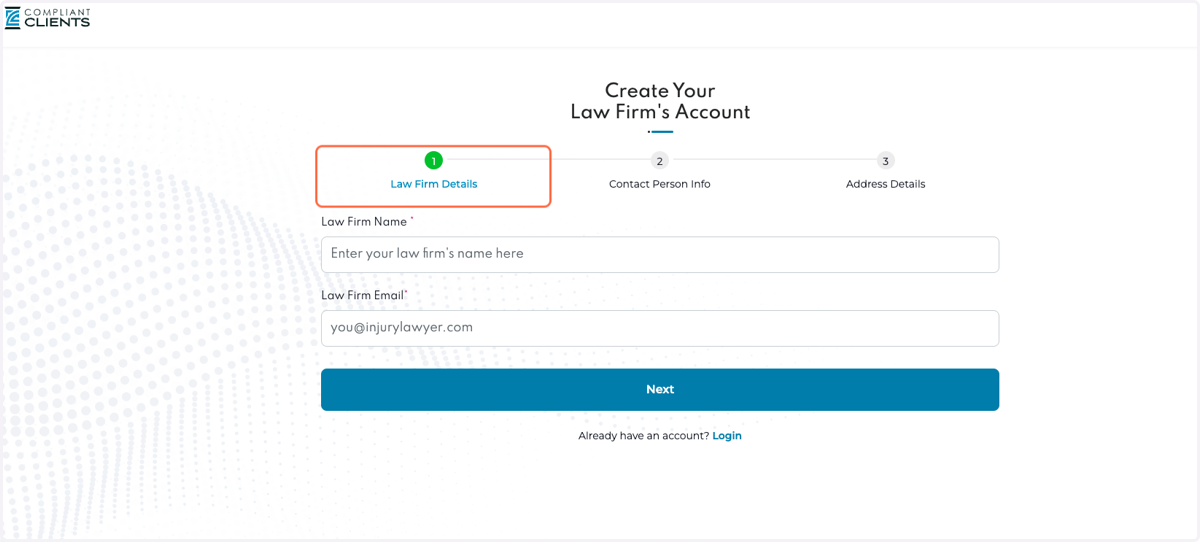 Create Law Firm Account: Enter Law Firm Details
