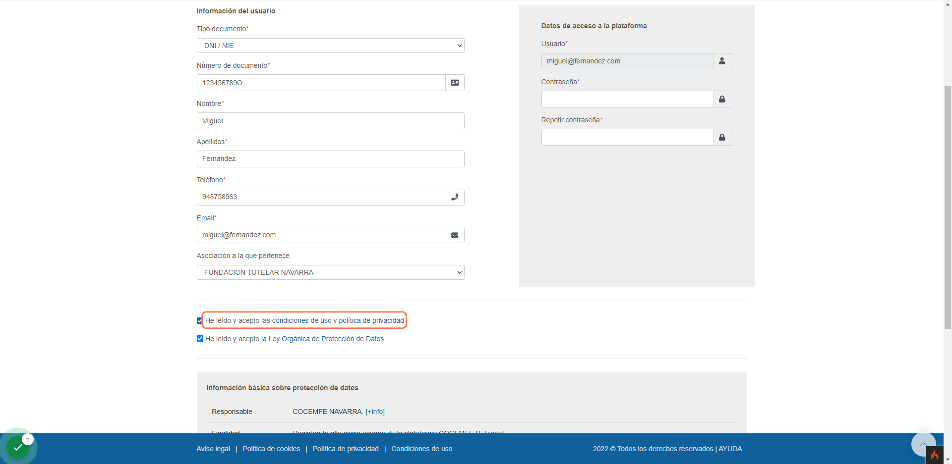 Check He leído y acepto la Ley Orgánica de Protección de Datos