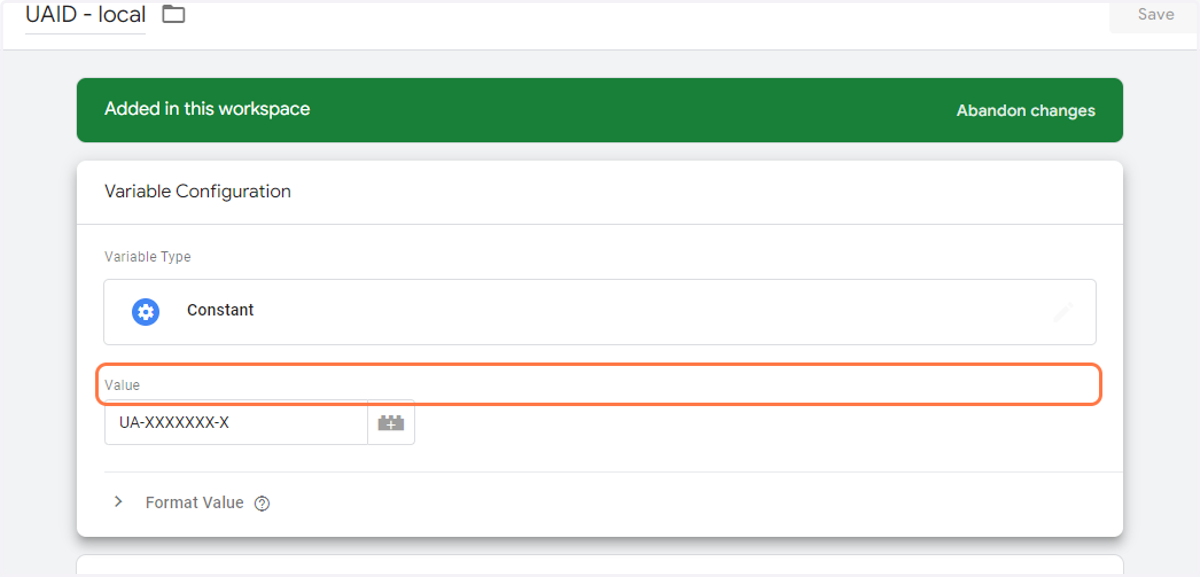 Enter the appropriate GA universal analytics property ID into the "Value" field