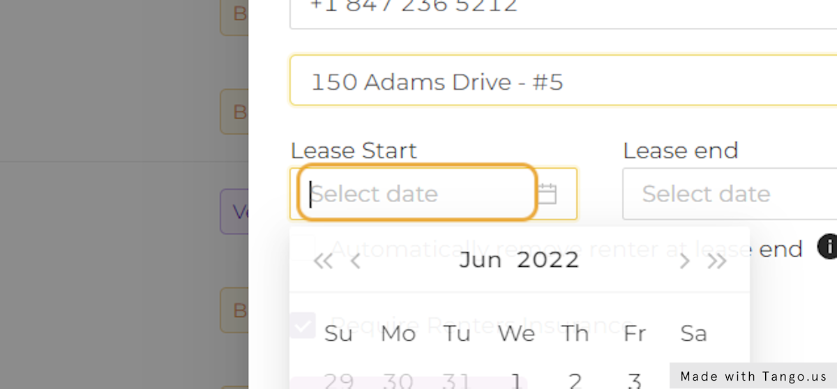 Enter the lease start and end date.