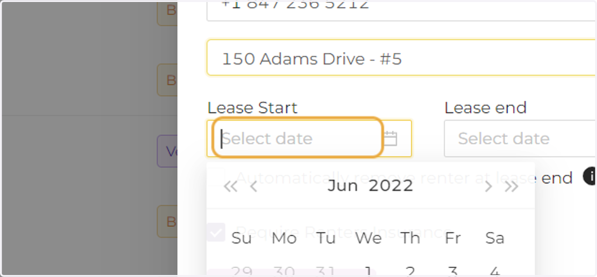 Enter the lease start and end date.