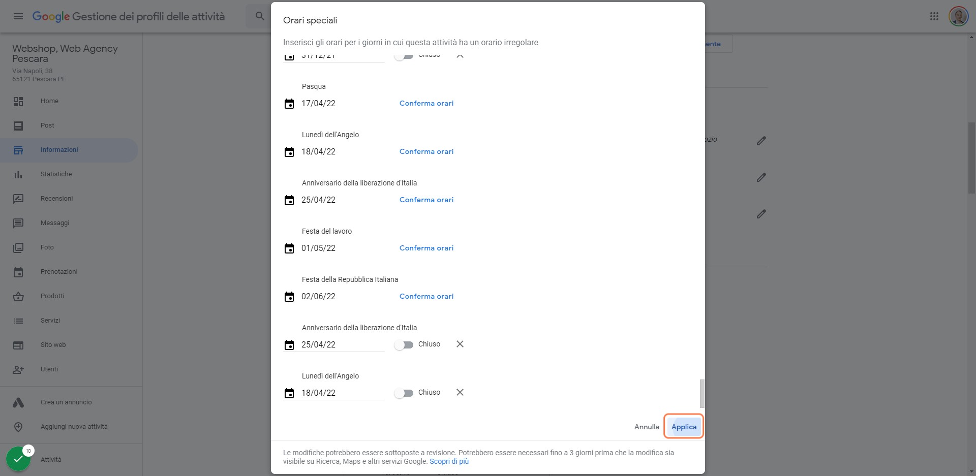 Click su Applica