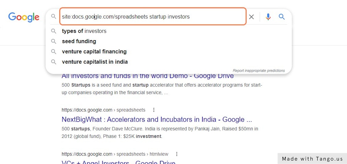 Use the boolean "site:docs.google.com/spreadsheets startup investors"