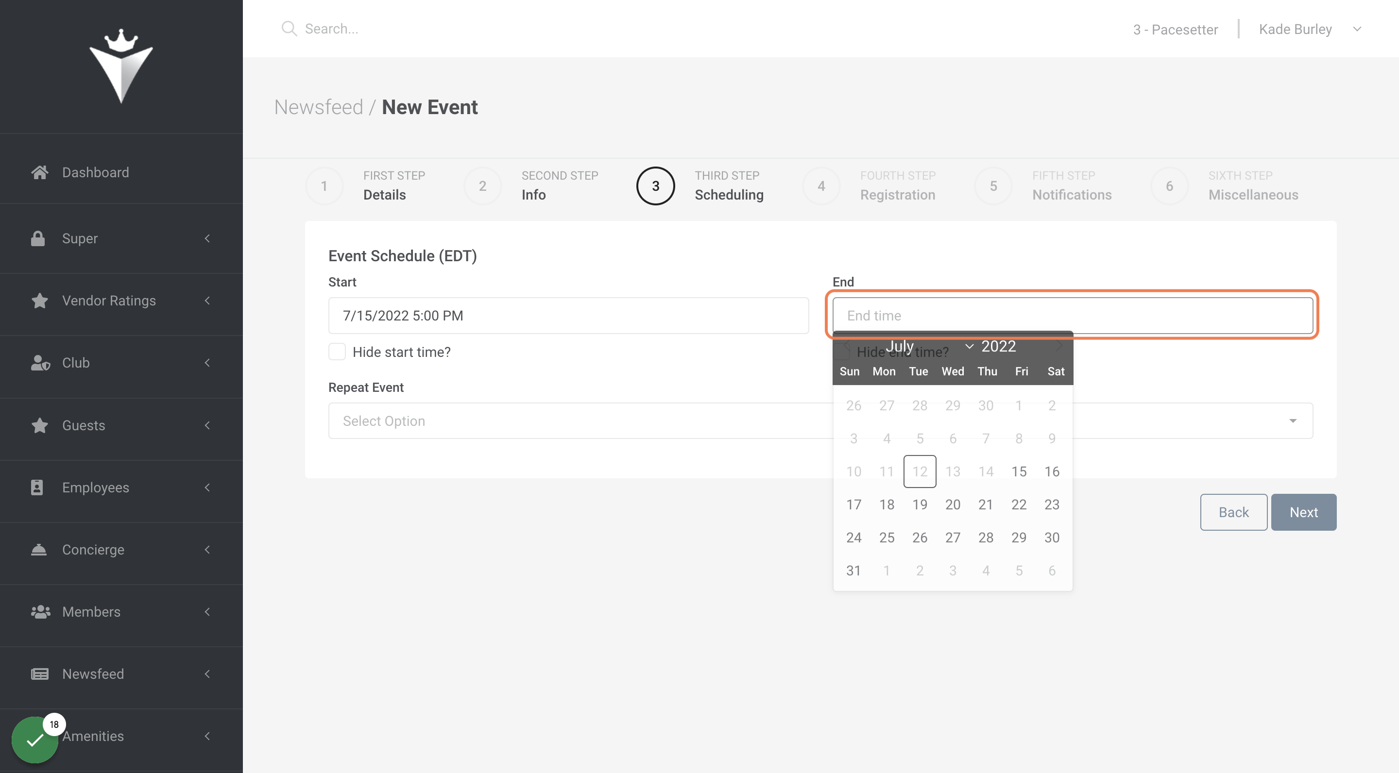 Select event end date and time.