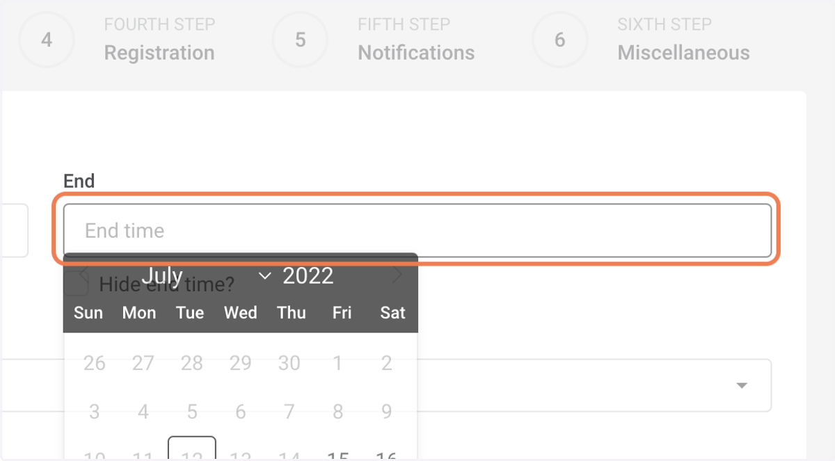 Select event end date and time.