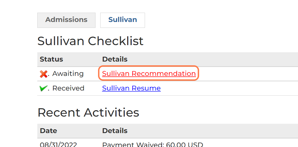 For New Recommendations: Select "Sullivan Recommendation"