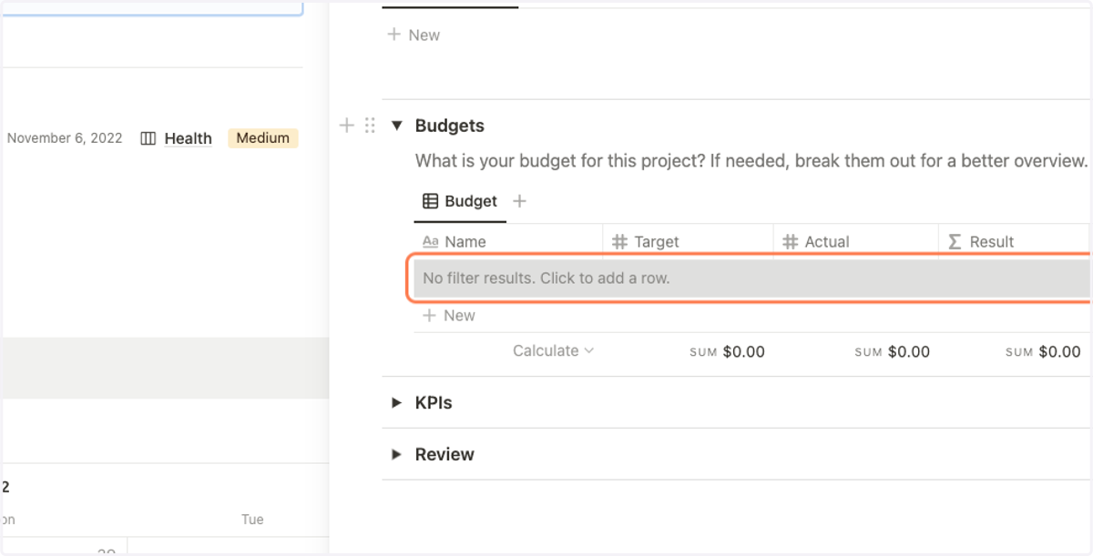 Click to add a new row with a budget