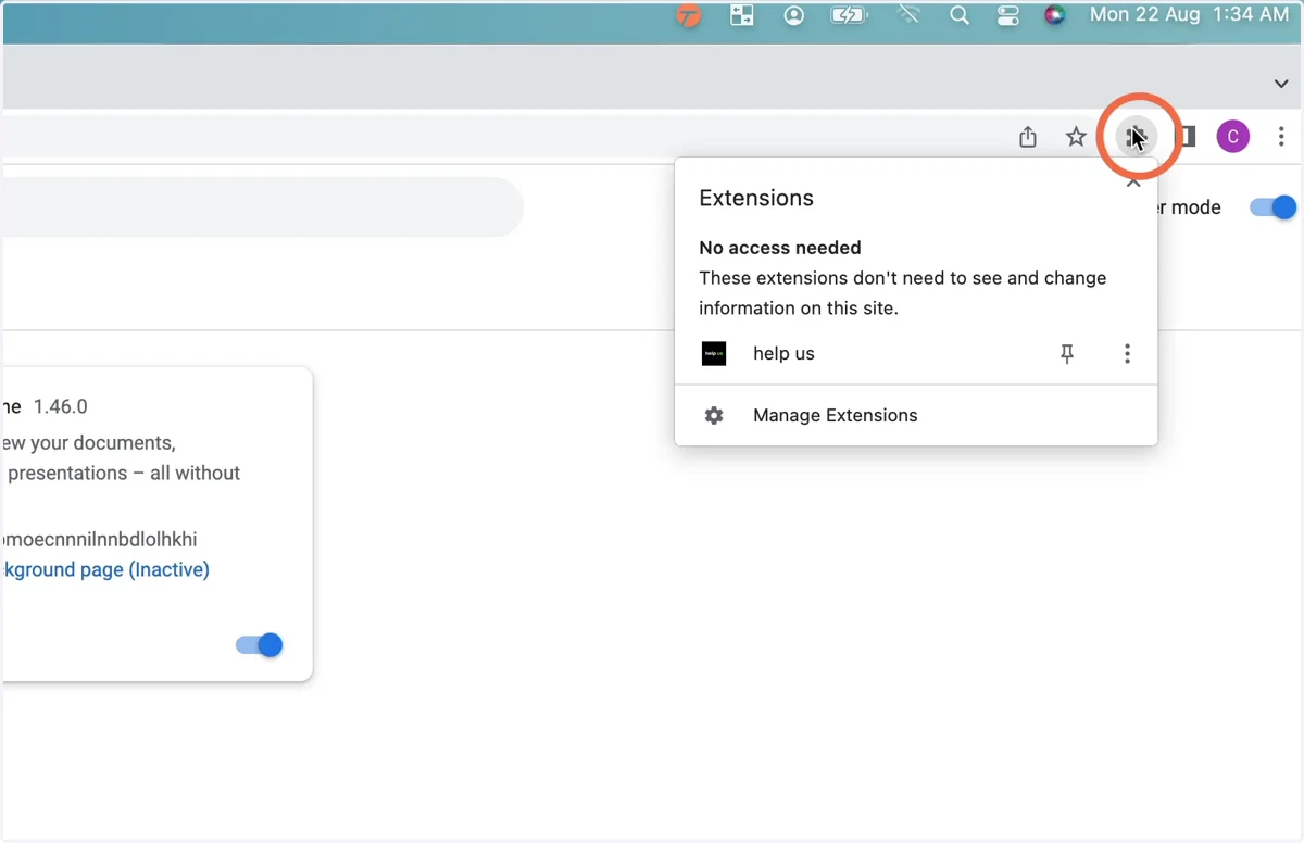 Click the extensions button from the right of the toolbar at the top of Google Chrome.