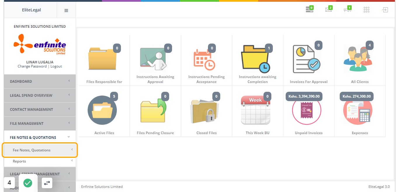 Click on "Fee Notes, Quotations" sub module
