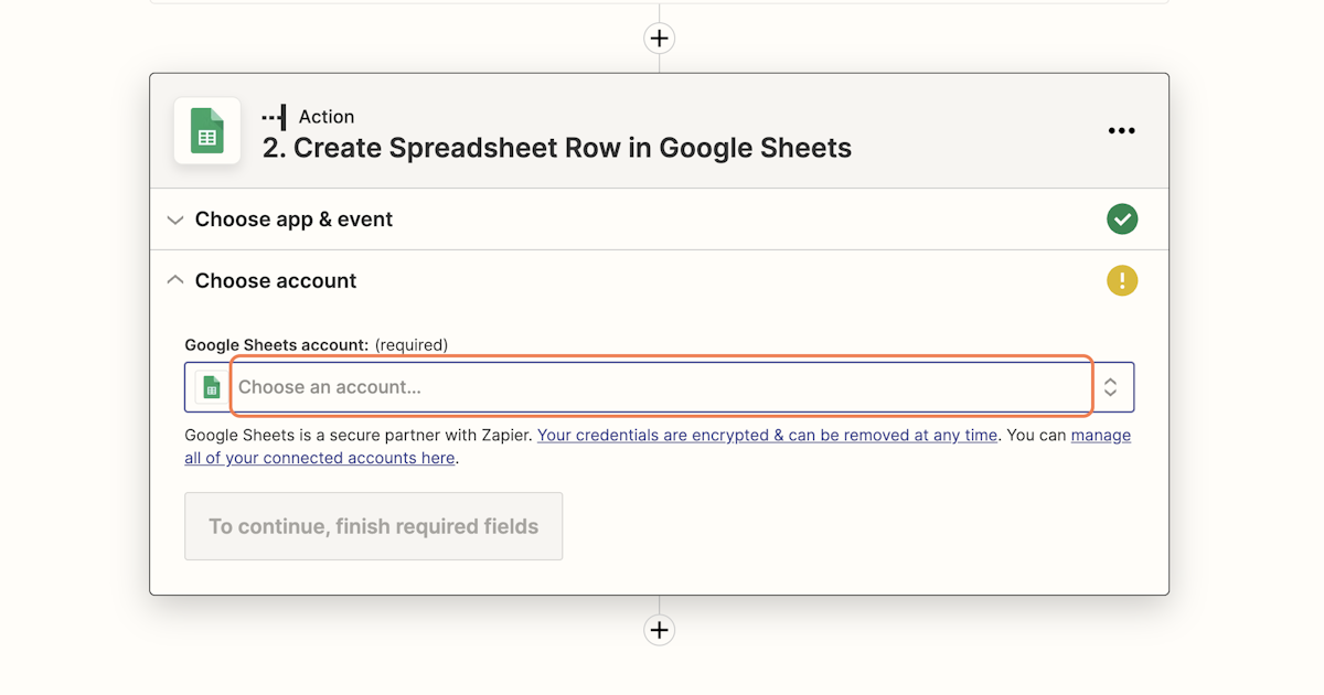 Click on Choose the Google Sheet account connected to your Zapier account