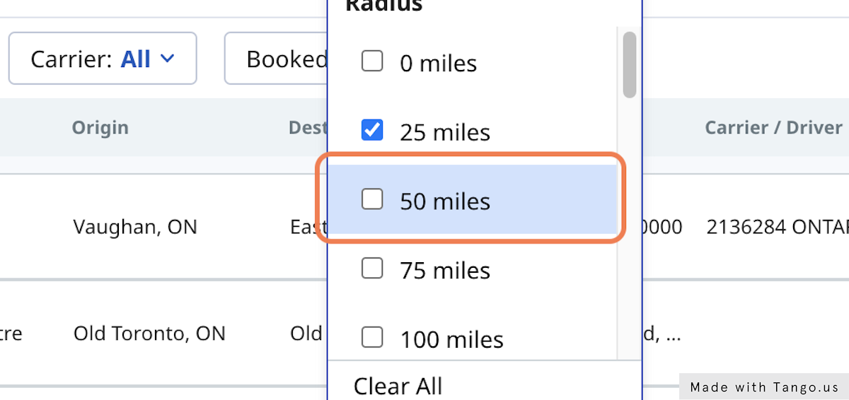 If you wish to expand your search to include nearby lanes, select the mile radius you'd like to include and select "Find Prices"