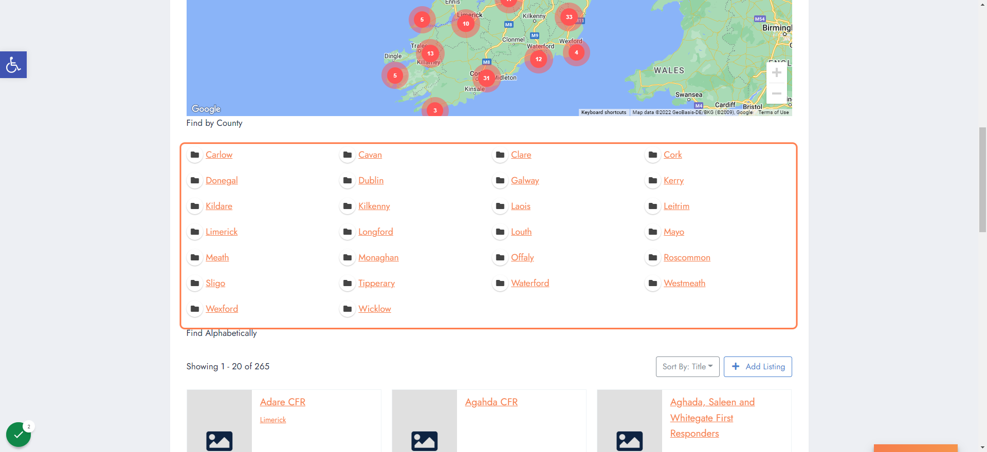 Search via Map , County or Alphabetically